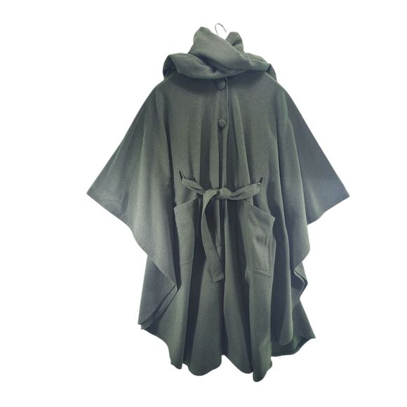 OS Vintage Green Wool Winter Cloak Poncho Coat Scarf Cape Long Maxi Length Belt - Picture 1 of 10